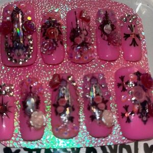 Hand Painted “Roses R Pink”Press on nails Gel Polish Pink Glitter Press-On Nails